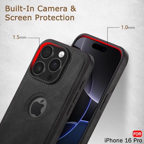 Image of TheGiftKart Genuine Leather Finish Back Cover Case for iPhone 16 Pro | Shockproof Design | Raised Edges for Camera & Screen Protection | Stunning Minimalist Design Case Cover (Black Sides, Black)