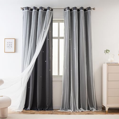 Image of Yancorp Grey Curtains for Bedroom Living Room Thermal Insulated Kids Curtain Hollow-Out Star Window Nursery Curtain 63 inches Length Room Darkening Grommet(Grey,34 * 63),1 Panel