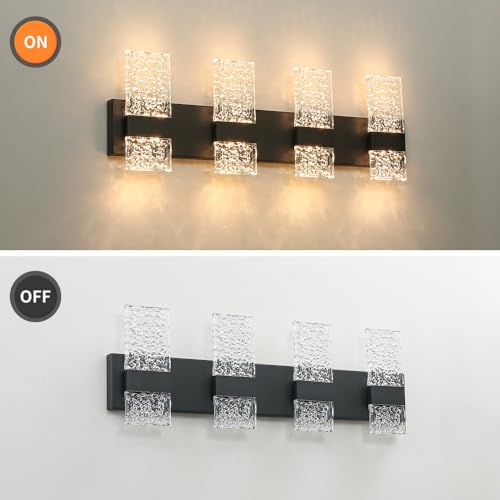 Image of Modern Matte Black 4 Lights Bathroom Vanity Light, Eleglant LED Bathroom Light Fixtures Over Mirror, Dimmable Acrylic Shade Wall Lighting Fixtures, Hardwired Wall Light(H9.25in, L28.35in)