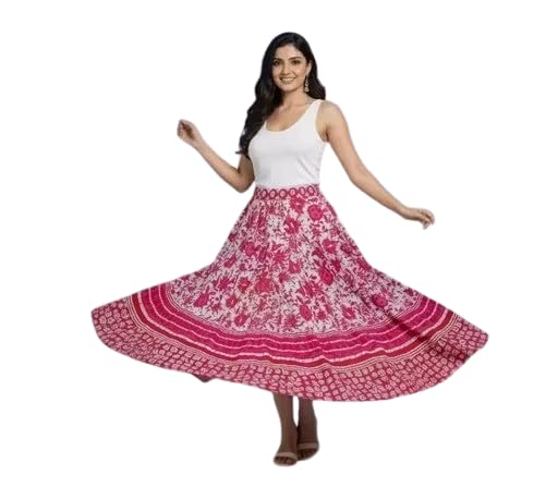 Women's Jaipuri Cotton Printed Long Skirt, Floral, Pink and White, Ethnic Style-picture-14