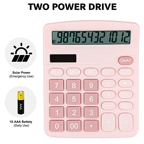 Calculatrice de bureau double puissance compacte et légère écran 12 chiffres rose
