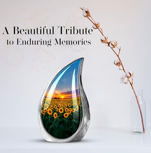 Image of Teardrop Sunflower Flower Urns for Human Remains - Sunset Funeral Urns for Adult Ashes Women - Yellow Sunflower Urn for Human Ashes - Cremation Urn for Men and Women 10inch