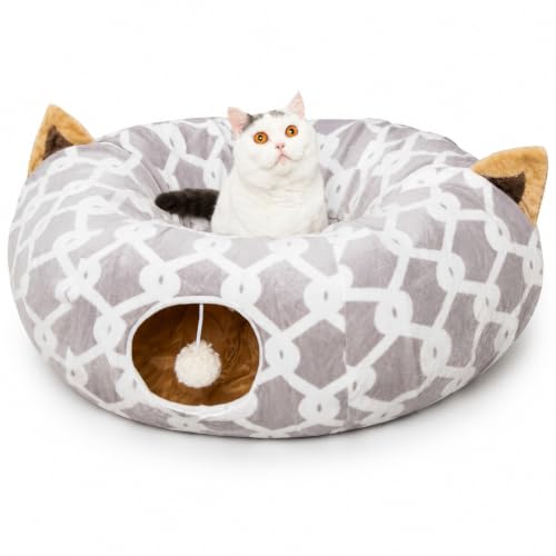 Image of Large Cat Tunnel Bed Under Christmas Tree with Fluffy Toy Balls, Small Cushion and Flexible Design- 10 inch Diameter, 3 ft Length- Great for Cats, and Small Dogs, Gray Geometric Figure
