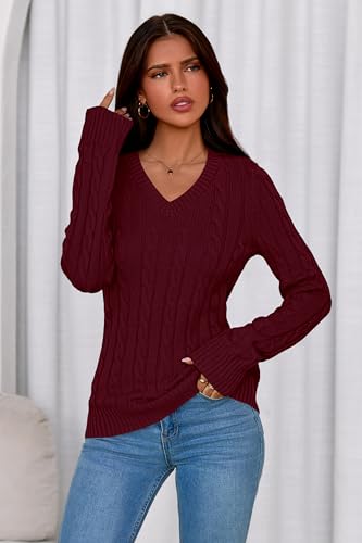 PRETTYGARDEN V Neck Cable Knit Sweaters for Women 2025 Long Sleeve Ribbed Fitted Pullover Tops Business Casual Fall Outfits(Burgundy,Small)3