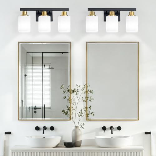 Image of Black and Gold Vanity Light,3-Light Bathroom Light Fixtures,17 inch | Modern Bathroom Light Fixtures with Square Frosted Glass,Wall Sconces Lighting fixtures Over Mirror Restroom, Living Room