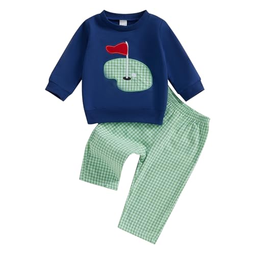 Image of SAYOO Toddler Baby Boy Golf Outfit Hole in One Embroidery Sweatshirts Top Plaid Long Pants Set 2Pcs Golf Theme Fall Clothes