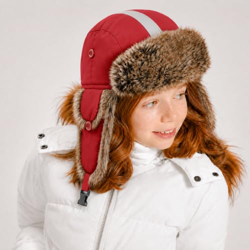 Image of Faux Fur Safety Reflective Plain Plaid Aviator Trapper Hat Snow Ski Trooper Winter Cap