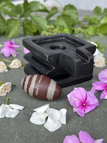 Image of 1.5 inch Original Narmadeshwar Narmada Shivling with 3 inch Narmada Stone Yoni Base Jaladhari (Janeudhari Shivling, Black Square Jaladhari), Nature