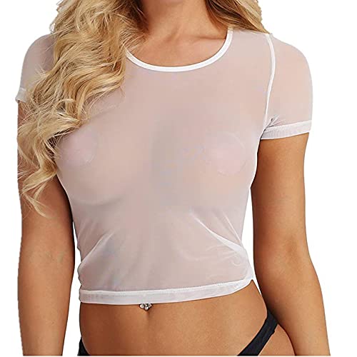 TACKTIMES Damen Top Transparent Shirt Mesh Kurzarm Durchsichtig T-Shirt Tunika Tank Bauchfrei Oberteil Reizwäsche Unterhemd Clubwear (S, Weiß) Cover