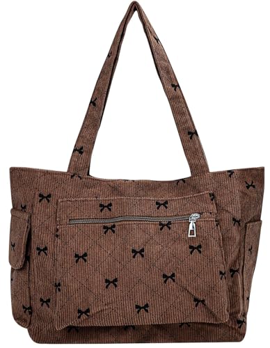 Tote Bag for Women Cute Corduroy Shoulder Bag Bow Tie Canvas Bags Large Capacity Travel Handbag