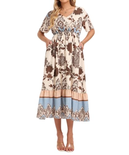 Image of Women's Summer Short Sleeve Maxi Floral Flowy Dresses with Pockets