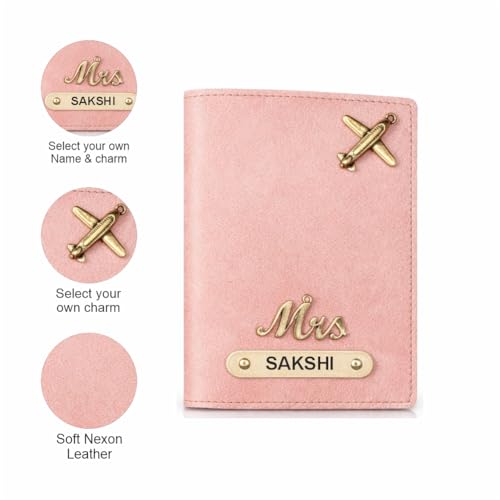 Image of Customized Couple Passport Cover Gift Set 2 Pcs | Personalized Leather Passport Covers with Name & Charm| Anniversary, Valentine, Birthday and Travel Gift (Pink)