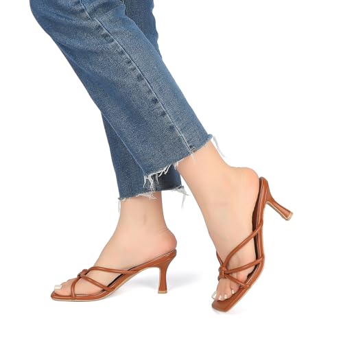 Image of Goderci Kitten Strappy Heels for Women Knotted Square Open Toe Slip On Mule Heels Mid Heeled Sandals