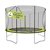 SICHERES VERGNÜGEN - Das 300/400cm breite Trampolin besitzt ein Sicherheitsnetz sowie eine hochwertige Sprungmatte, die von 60/80 doppelkonischen Federn fixiert wird & langanhaltende Sprungqualität garantiert.