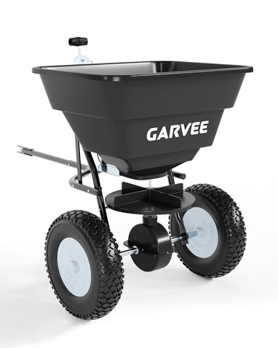 EliteEdge Premium 110 LBS Tow Behind Broadcast Spreader Universal Hitch Lawn Spreader with Hopper Cover Adjustable Flow Control & 10 Pneumatic Tires for Seed Fertilizer Salt & Ice Melt (Black)