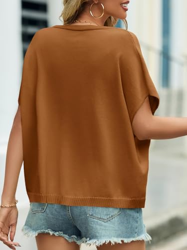 Image of Saodimallsu Womens Summer Oversized Cardigans Batwing Short Sleeve Lightweight Button V Neck Casual Knit Sweater Tops
