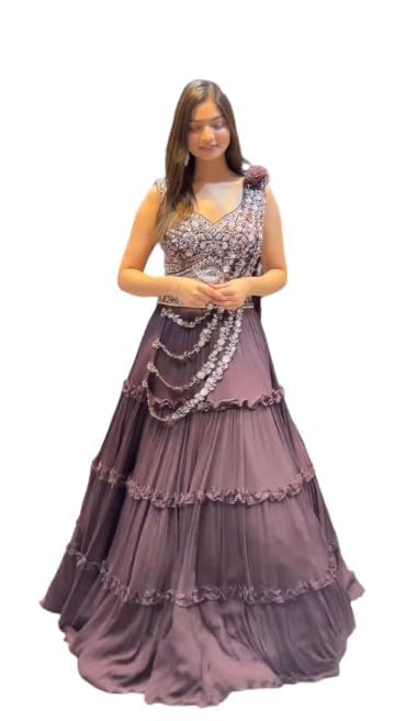 Womens Chinon Silk Lehenga Choli Readymade Dark Wine Free Size