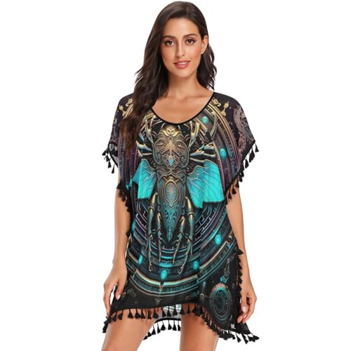 Cyan Abstract Honeybee Art Women's Beach Cover Up Chiffon Tassel Swimwear Swimsuit Coverups for Girl