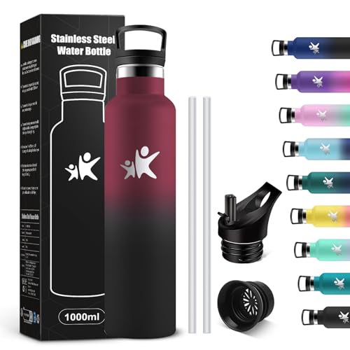 KollyKolla Botella Agua Acero Inoxidable 1L, Botella Termica con Pajita y Filtro, Reutilizable, Cantimplora sin BPA, Prueba de Fugas, Termo para Senderismo, Adultos, Escuela, Deporte, Gimnasio