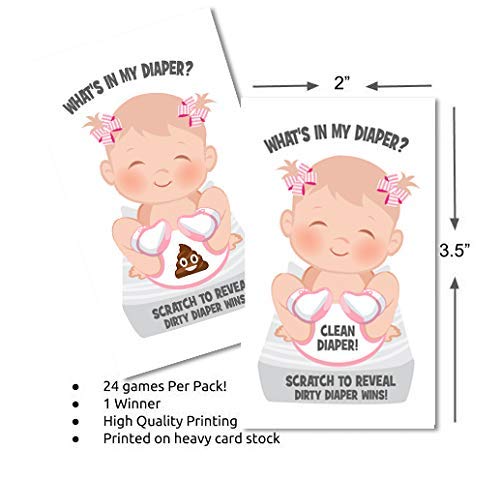 Candles and Favors Girl's What's In My Diaper Scratch Off Game | 24 Cards - 1 Winner | Baby Shower Game