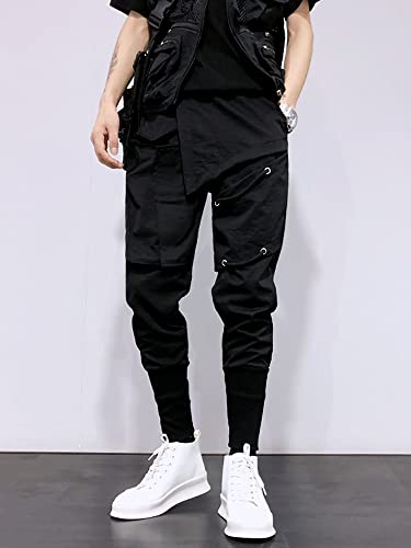 MOKEWEN Men's Streetwear Pockets Lace Cross Jogger Harem Ninth Pants Drawstring Elastic Waist Black4