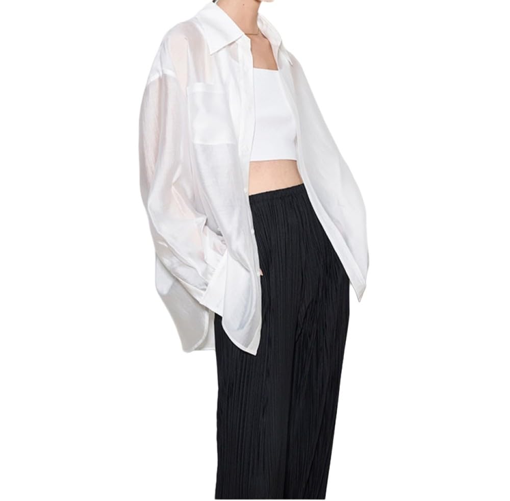 Damen Hemd,Damenbluse, Langärmelige Hemden, Weiß, Leichtes Hemd Mit Reversknöpfen, Durchsichtig, Überzug Mit Tasche, Elegante Strickjacke, Kimono-Arbeitshemd, Leichte Dünne Jacke Für Mädchen