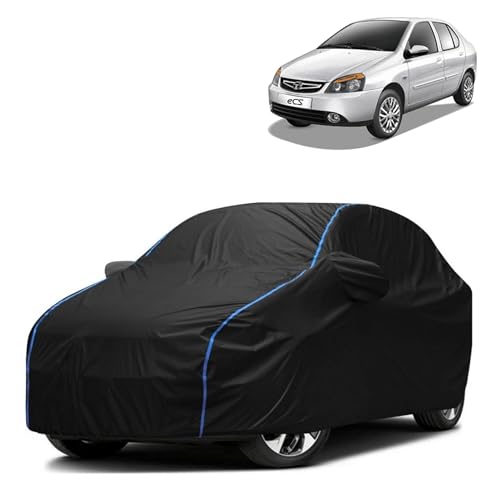 Image of Kerwa Car Body Cover Waterproof Compatible with TATA Indigo ECS | Scratch Proof, Anti-Dust, UV Protection with Windproof Buckle Strap and Mirror Pockets, Bottom Elastic Fitted-Black