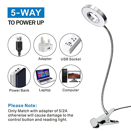Image of KNAMKY USB LED Clip-on Desk Lamp, Reading Light, 3 Light Modes & 10 Dimmable Brightness, Eye Care, Book Lamp, Bedside Lamp with Flexible Neck, Adjustable, Perfect for Learning and