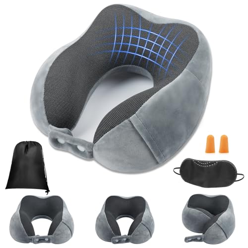 flintronic Almohada Viaje para Cuello, Almohada Cuello Viscoelastica de Espuma Memoria, Almohada de Suave y Ajustable Apoyar la Cabeza para Coche, Oficina, con Máscara de Ojos, Tapones y Bolsa (Gris)
