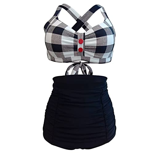Viloree Zestawy strojów kąpielowych Tankini dla kobiet Zestaw Bikini 2 szt. Strój kąpielowy plus size, Czarny W Kratkę, 3XL