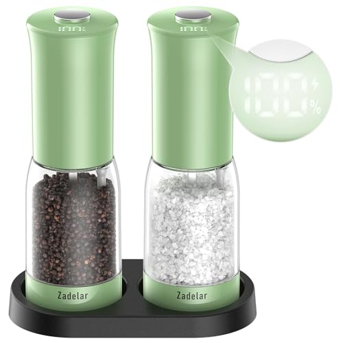 Electric Salt and Pepper Grinder Set with LED Power Display,Larger Capacity Salt and Pepper Shakers Set Rechargeable Electric with Flexible Coarsenes,LED Light,One Hand Operation for Kitchen(Green)