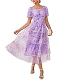 GRACE KARIN Women's 2026 Summer Midi Tulle Dress,Square Neck Puff Sleeve Smocked Mesh Dresses,Wedding Guest Party Dresses Purple Pink L