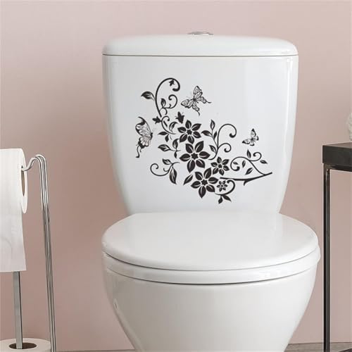 Schwarze Blumen Schmetterling Badezimmer WC Sitz Deckel Abdeckung Decals Aufkleber PVC Aufkleber Abnehmbare Selbstklebende Toilette Dekor Kunst Dekoration Toilettendeckel Abziehbilder Toilettenzubehör