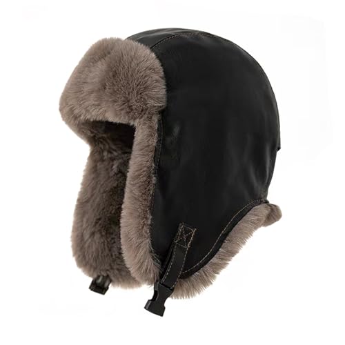 BSYLOO Winter Fliegermütze mit Ohrenklappen und Leder Winddichte Flauschige Russische Ushanka Trappermütze für Herren und Damen, Schwarz , S/XL