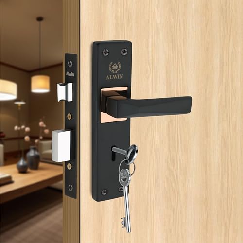 Image of ALWIN Diamond Plus KY, 8 Inch Iron Mortise Lockset, 6 Lever Double Turn Lock, 3 Keys, Ideal for Main Door, Bedroom, Living Room, Bathroom and office in Both for Right and Left Hand Doors (Plus, Black)
