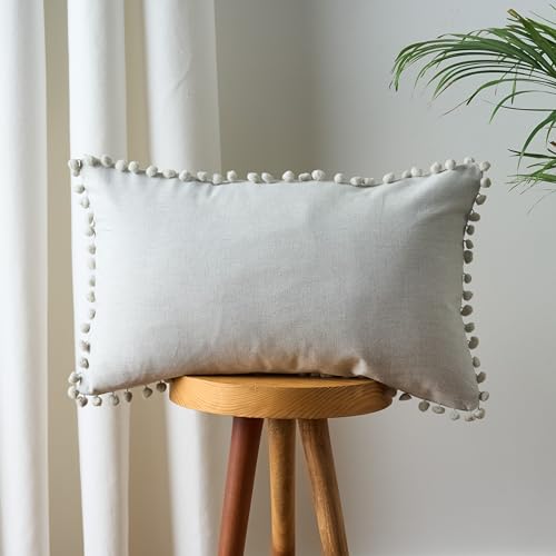 Image of 100% Cotton Pom Pom Cushion Without Filler, Elegant & Modern Cushion Cover for Living Room, Rectangle, 12 inchx20 inch, uni Chambray, Set of 5 - L.Gray