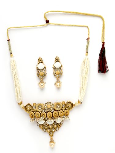 Image of Adiva Stylish Traditional Gold-Plated Kundan Stone Pearls & Beads Meenakari Handcrafted Necklace with Earrings Jewellery Set for Women & Girls