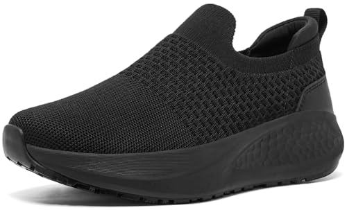 SHULOOK Non Slip Work Shoes for Women Slip Resistant Sneakers Mesh Slip On Food Service Shoes Chef Kitchen Restaurant Lightweight Comfortable Sock Shoes Black Size 9