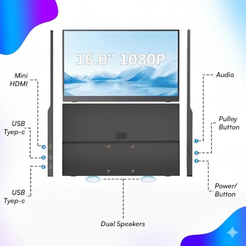 Image of 16.0 Inch FHD Portable Monitor | IPS Display | Ultra-Slim Foldable Screen Extender | USB Type-C & HDMI | Compatible with Laptop, PC, Mac, Smartphone (16.0 inch Inches)