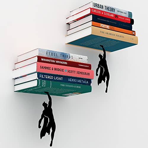 Artori Design Invisible Hanging Metal Floating Bookshelf - Optical Illusion Wall Book Shelf For Kids And Adults - Modern Small Black Wall Mounted Bookshelves For Unique Home Decor (2X Supershelf) #TOP3