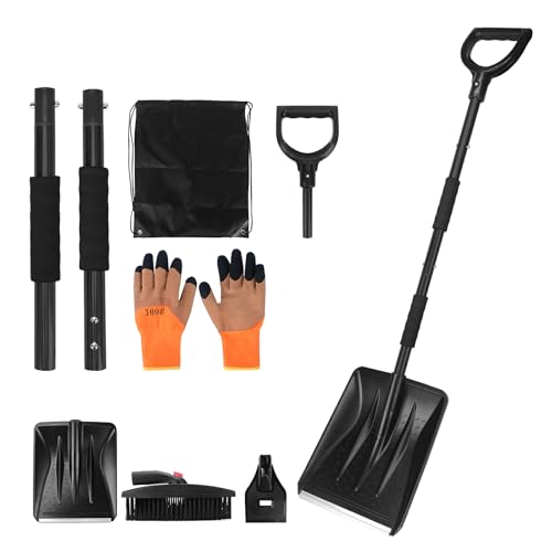 COVVY Kit de pala de nieve 3 en 1, pala retráctil con raspador de hielo y cepillo de nieve para hielo, nieve, grano de entrada de coche, con bolsa de almacenamiento y guantes (negro)