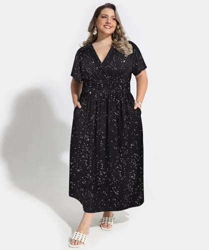 Image of CARCOS Plus Size Dresses for Curvy Women V Neck Summer Maxi Dress Short Sleeve Floral Boho Dress Smocked Waist Beach Dress