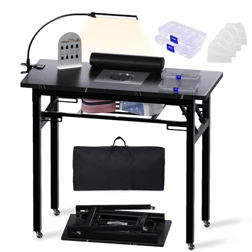 Portable & Foldable Manicure Table w/Dust Collector, Rolling Nail Tech Desk w/LED Light Lamp, Wrist Cushion, Lockable Wheels, Carrying Case, for Home Travel Beauty Salon Workstation (Marble Black)