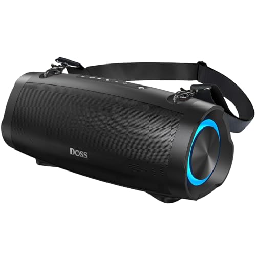 DOSS Extreme Boom Pro D100 Bluetooth-Lautsprecher mit 70 W kräftigem Sound, Extra Bass, 24 Stunden Spielzeit, Beat-Sync-Lichtern, Integrierter Powerbank, IPX6-wasserdicht – Outdoor, Camping (Schwarz)