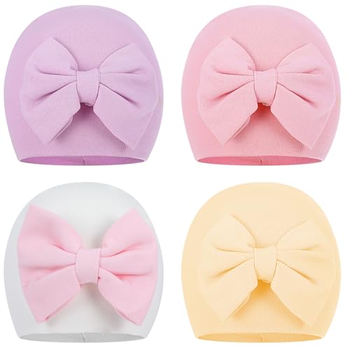 Larrel 4 cappelli prematuri, berretto con fiocco per bambini, cappelli in cotone prematuri, berretto da ospedale per neonati e ragazzi prematuri, berretto in cotone caldo per ospedale prematuro (beige