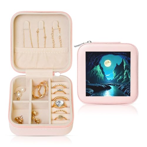 ZhRiYan Joyero cuadrado de cuero rosa con estampado de cueva de luna de agua, colección de piedras preciosas de viaje, ideal para regalo de San Valentín