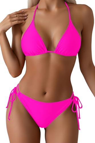 Tempt Me Women Hot Pink Triangle Bikini Sets Halter Two Piece Sexy Swimsuit String Tie Side Bathing Suit M