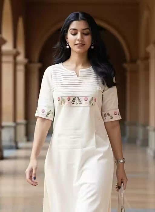 Image of eightone Women's White Cotton Straight Kurti with Floral Embroidery, Pin-Tuck Yoke, Casual Ethnic Wear