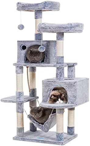 Hey-brother Large Multi-Level Cat Tree Condo Furniture with Sisal-Covered Scratching Posts, 2 Bigger Plush Condos, Perch Hammock for Kittens, Cats and Pets, Pewter MPJ020PE