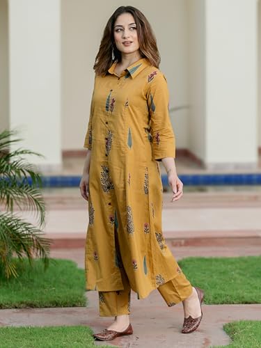 Image of Arayna Women's Pure Cotton Printed A-Line Kurta Set with Pants | Button-Down Collar Kurta